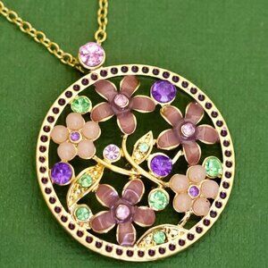 Vintage Art Floral Circle Colorful Rhinestones Gold Tone Choker Necklace - K33
